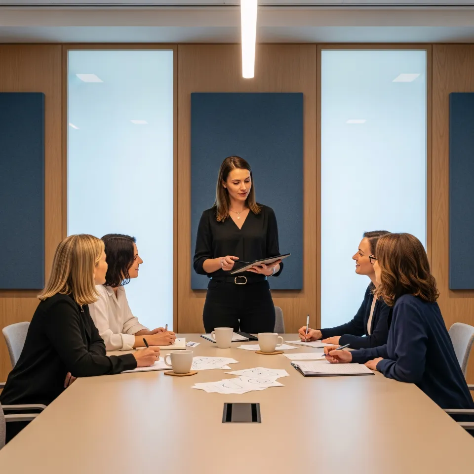 Equipe avalia startup em ambiente colaborativo